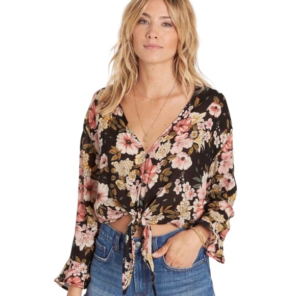 Billabong Tops - Billabong Black Floral Front Tie Crop V-Neck Shirt Size M